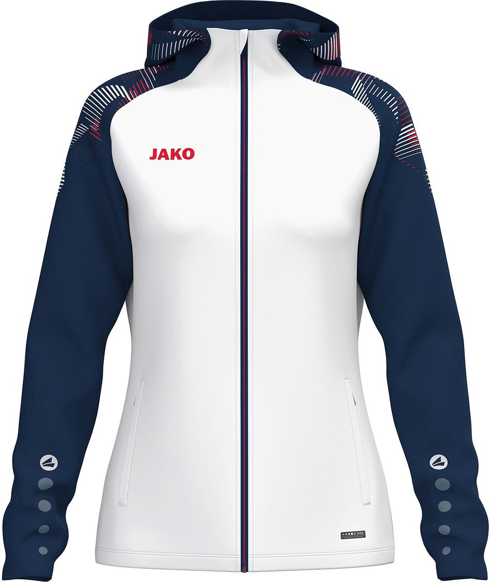 Jako Sonic Jas Met Kap Dames - Wit / Marine / Rood | Maat: 42/44