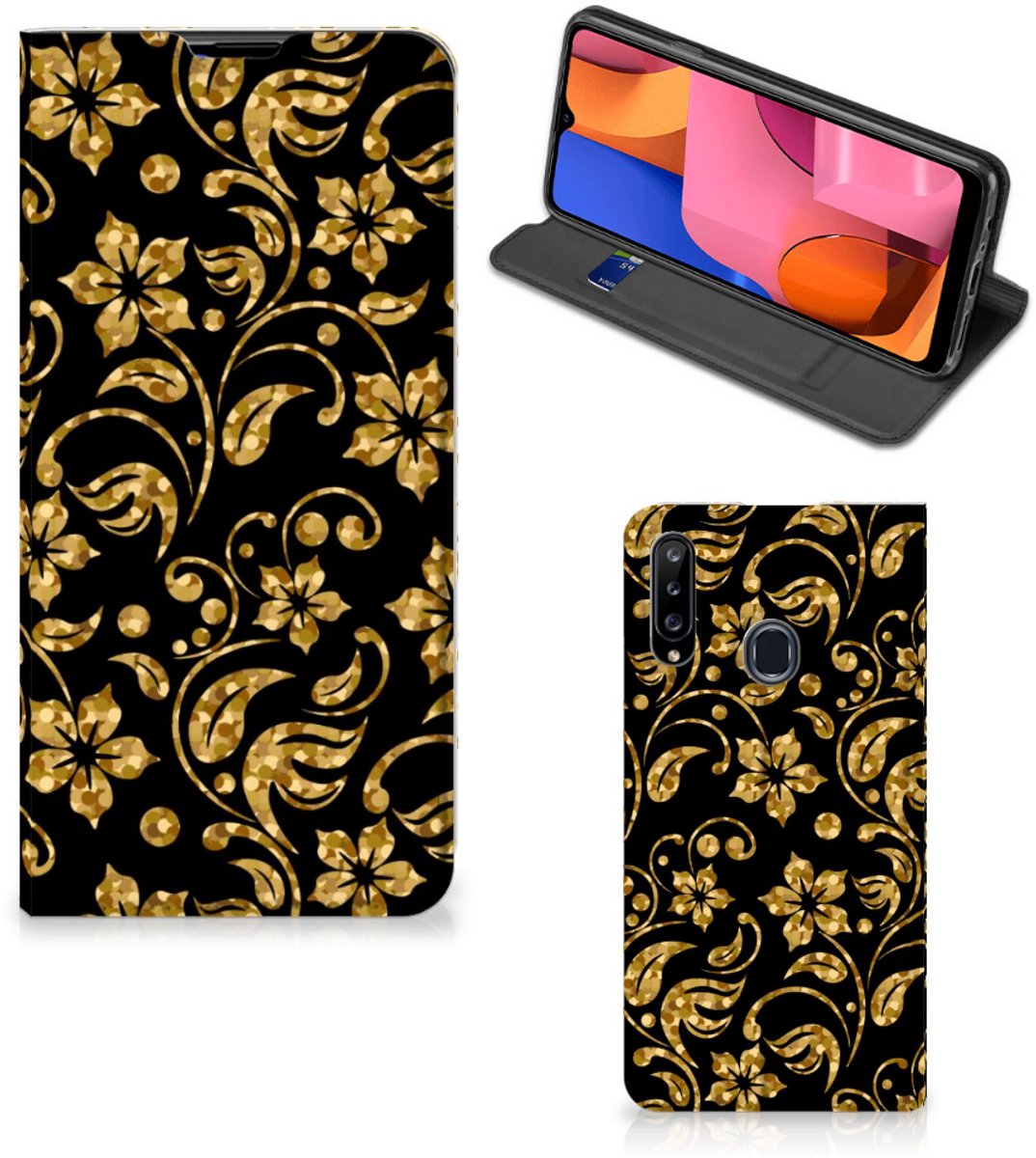 Book Case voor Samsung Galaxy A20s Smart Cover Gouden Bloemen