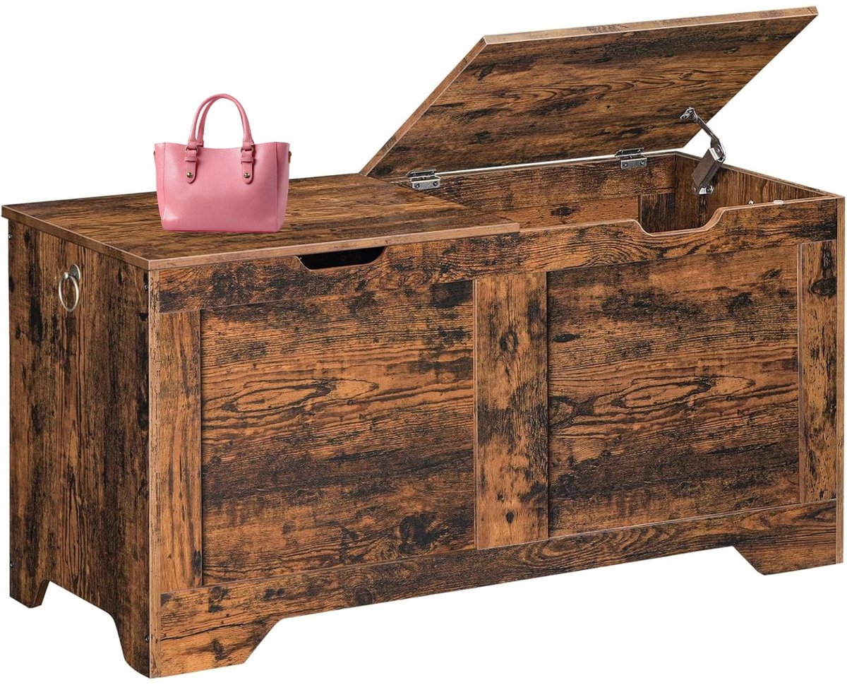 Signature Home Opbergkist - Speelgoedkist - 100cm - Dekenkist houten - Opbergkist met Zitting – Bank met Opbergruimte - Industrieel - 2 veiligheidsscharnieren - bruin