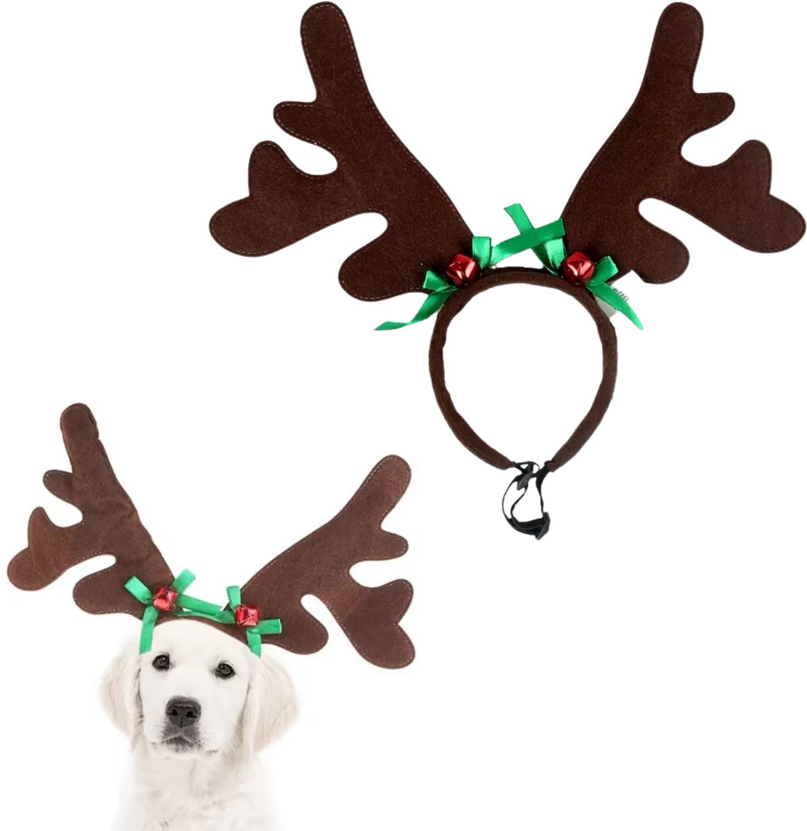 Kerst Gewei voor Honden - Verstelbaar Rendiergewei - Bruin Gewei met Rode Bellen en Groene Strikjes - Voor Kleine en Grote Honden - Hondenkleding Kerst - One Size
