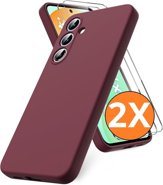 Coque compatible avec Samsung Galaxy S25 FE 5G Coque en silicone Rouge Vin coque en silicone souple TPU - avec protection d'écran Samsung S25 FE - 2 pièces