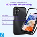 Coque de téléphone noire avec dos transparent et bords surélevés, montrant une protection "à 360 degrés". Étiquettes : plastique dur, protecteur d'écran, bord en TPU.