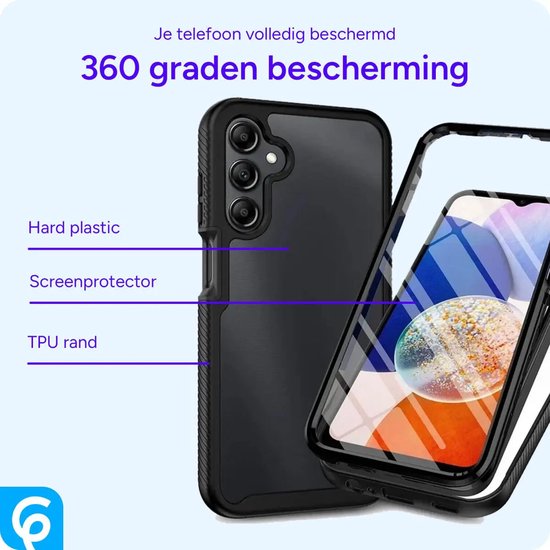 Coque de téléphone noire avec dos transparent et bords surélevés, montrant une protection "à 360 degrés". Étiquettes : plastique dur, protecteur d'écran, bord en TPU.