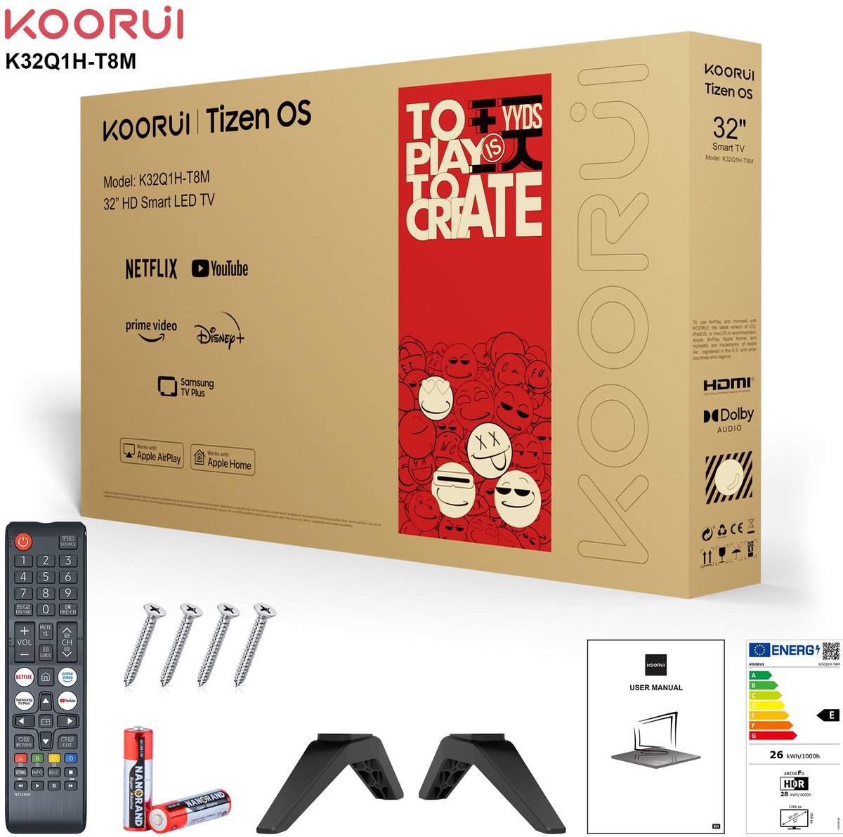 Koorui Smart TV - Tizen TV by Samsung - LED Full HD - 32 inch/81 cm - Streaming apps - AirPlay - Hotelmodus - HDMI x3, USB x2, CI+ - Tripple Tuner DVB-T/T2/S/S2/C - Frameless Design - Enkelvoudige standaard - Geassembleerd in Nederland- K32Q1H-T8M thumbnail 4