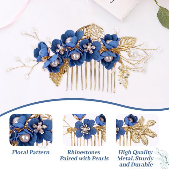 Drie close-ups van een gouden haarkam met blauwe stoffen bloemen, parels, strass en gouden bladeren.