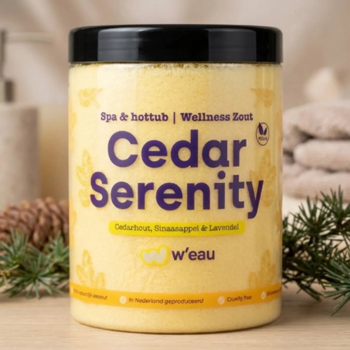 W’eau Cedar Serenity Badzout - 1250 gram - Luxe Aromatherapie voor Spa & Jacuzzi - Kalmerende Cederhout Geur - Tast Techniek Niet Aan - Wellness voor Thuis