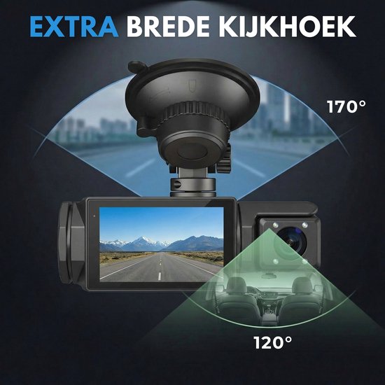 Dashcam met zuignapbevestiging en een display dat een weglandschap toont. Gradenbogen tonen 170° voorwaarts en 120° interieur.