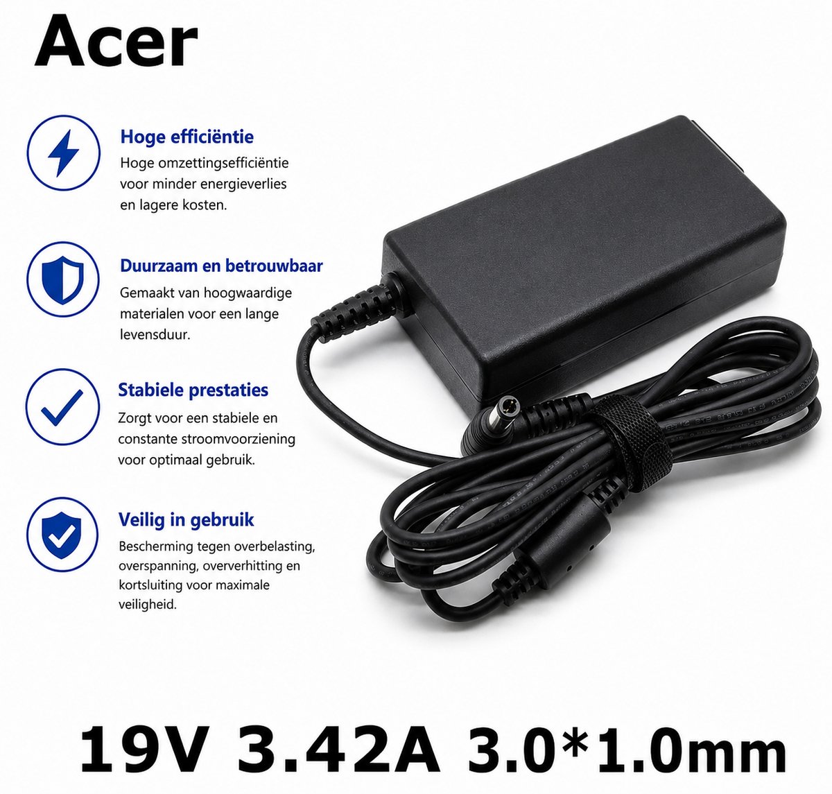 EISENZ Acer Laptop Adapter 19V 3.42A – Plug 3.0x1.0mm – Snelladen – Hoge Compatibiliteit - EZ1144