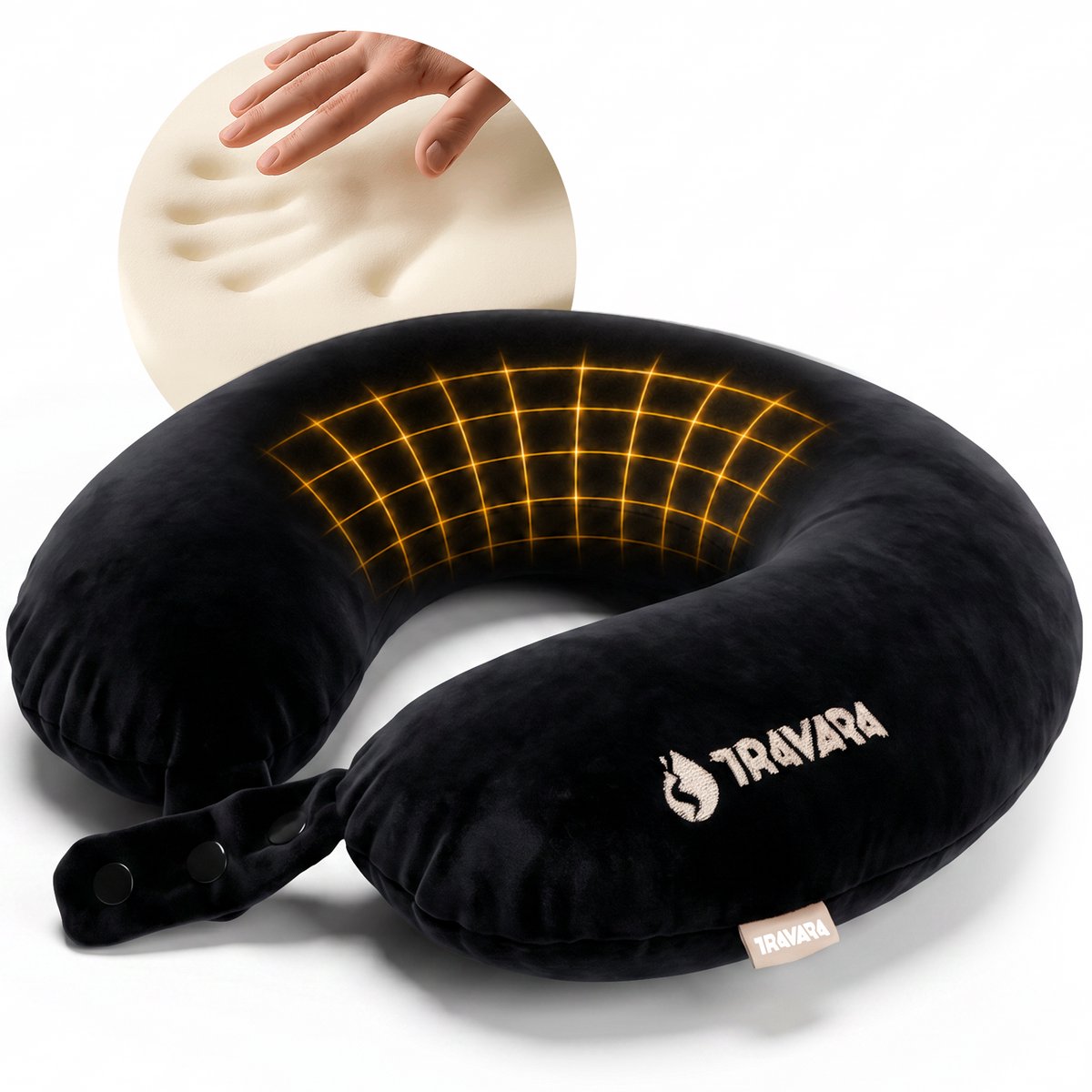 TRAVARA Nekkussen The Tripster - Memory Foam Reiskussen - Voor Vliegtuig - Auto Kussen - Traagschuim - Travel Pillow - Zwart