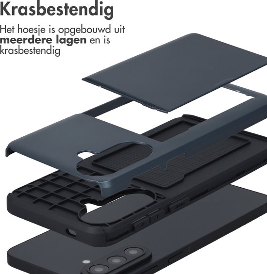 Explosietekening van een donkerblauw telefoonhoesje opgebouwd uit meerdere lagen.