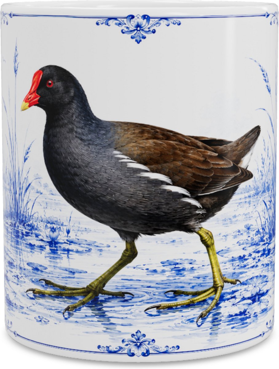 Mok - Waterhoen (Gallinula chloropus) - Delfts blauw - Aquarel Illustratie