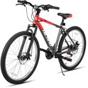 Grijze en rode mountainbike met zwarte voorvork, banden en zadel.