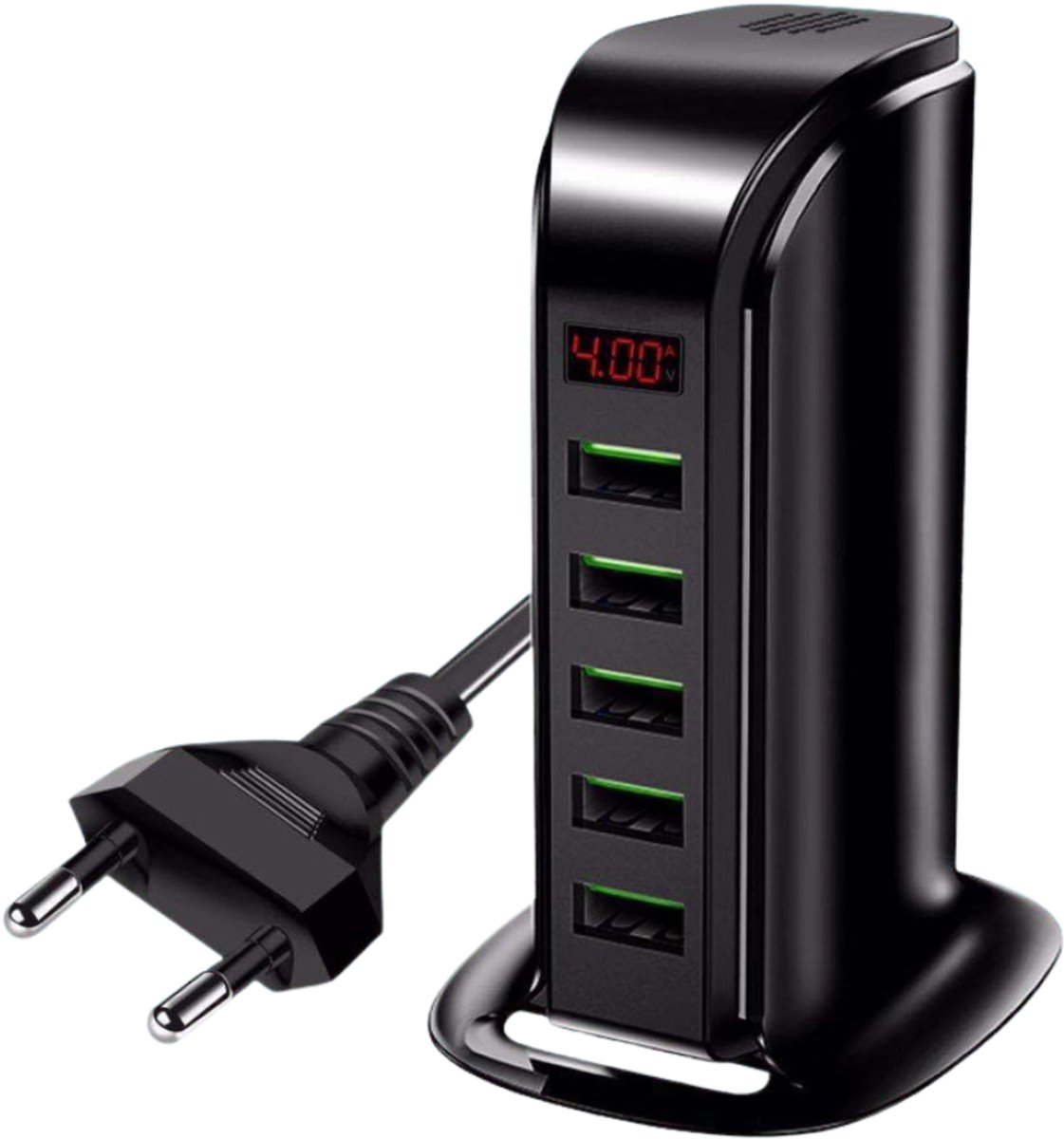 DrPhone SmartC10 USB Laadstation – 5 Poorts USB Oplader – 20W 5V 4A Totale Output – 2.4A per Poort – LED Display – Smart Chip – Staand Laadstation – Zwart