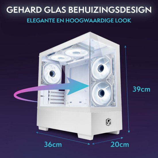 Witte Vibox gaming PC-behuizing met gehard glas en afmetingen.