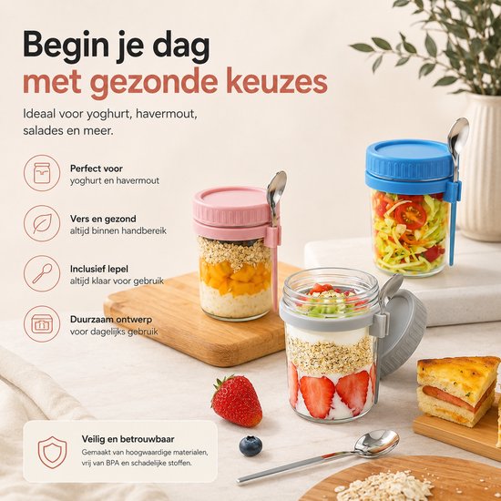 Bocal de flocons d'avoine BOTC Overnight Oats - Bocaux de conservation - Set de 4 avec Cuillères - 4 x 475 ml - Bocaux en Verres avec couvercles - Bocal Mason