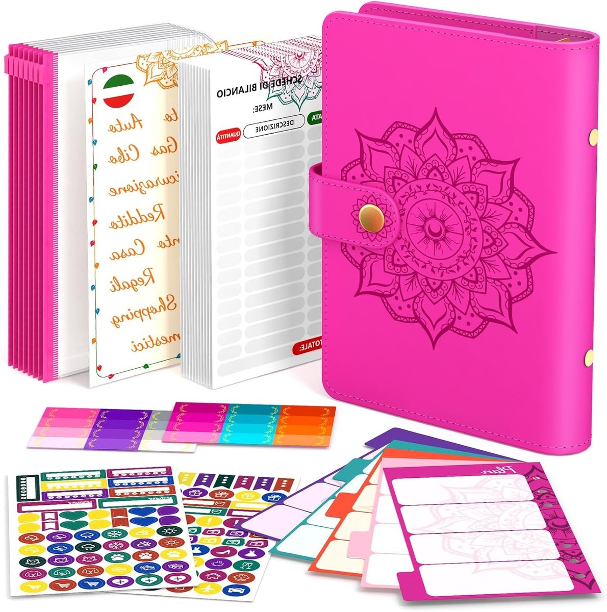 Italiaanse Geldbinder voor Cash Stuffing, Budget Planner en Spaarplanner met Enveloppen en Persoonlijke Accessoires, Organisator met Budgetblad (Rood)