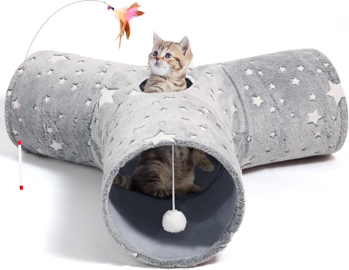 DOWO Kattentunnel Pluche - Kattenspeelgoed - Kattenspeeltjes - Katten Speelgoed - Interactief Kattenspeelgoed - 3 Gangen - Grijs Sterrenpatroon