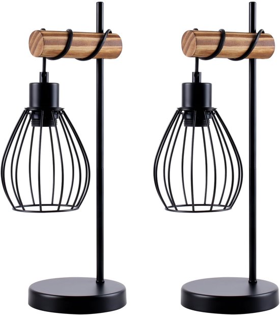 Glitzerlife Vintage Houten - 2stuks Tafellamp - Retro Industrieel - Zwart Metaal & Hout - Nachtkastlamp/Woonkamerlamp met E27-fitting (excl. lamp)