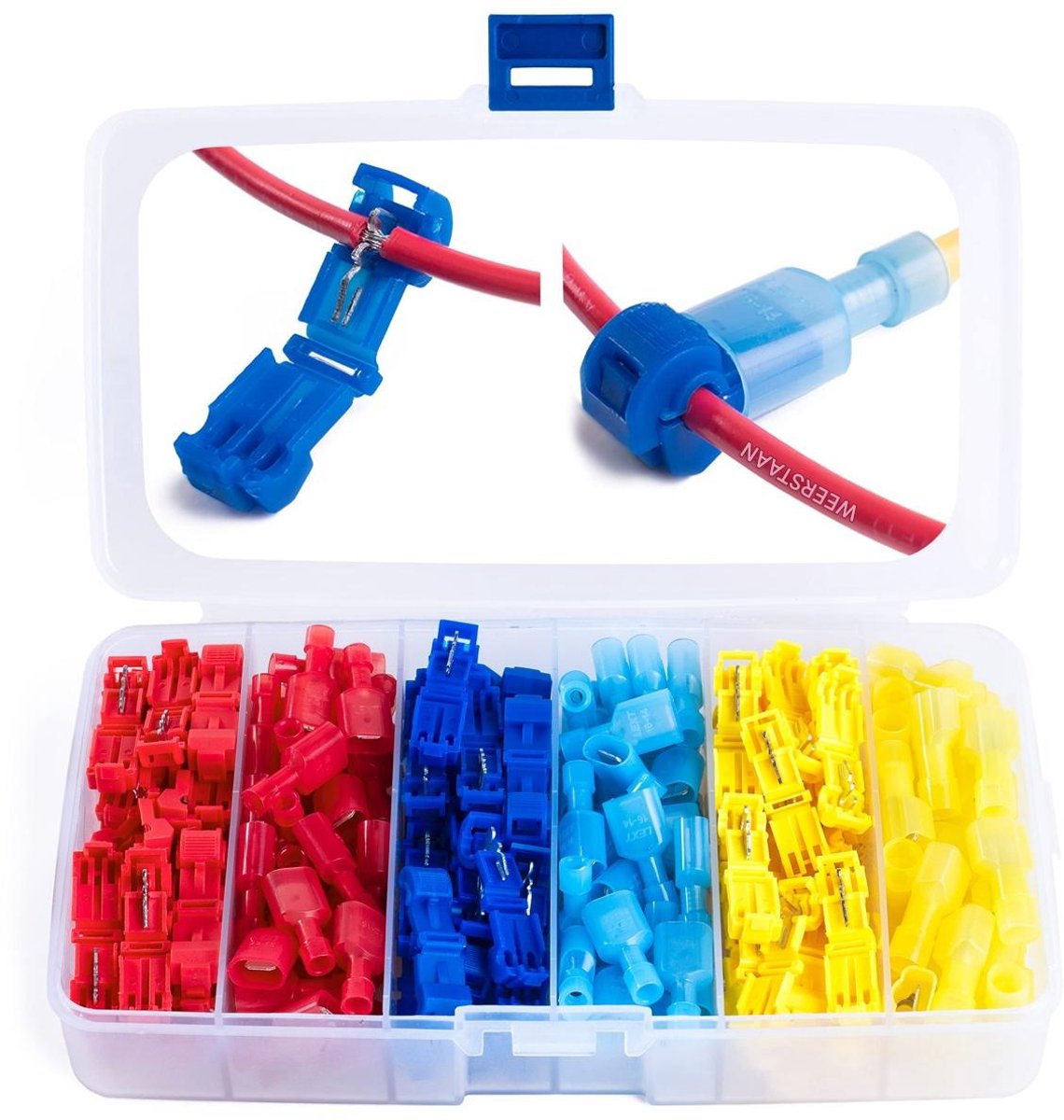 TOVBMUP Autokabelconnector - Stroomaansluiting - Autostroomaansluiting - 120 T-type elektrische connectoren - 60 T-type aftakconnectoren en 60 platte stekkers - 40 rood, 40 blauw, 40 geel