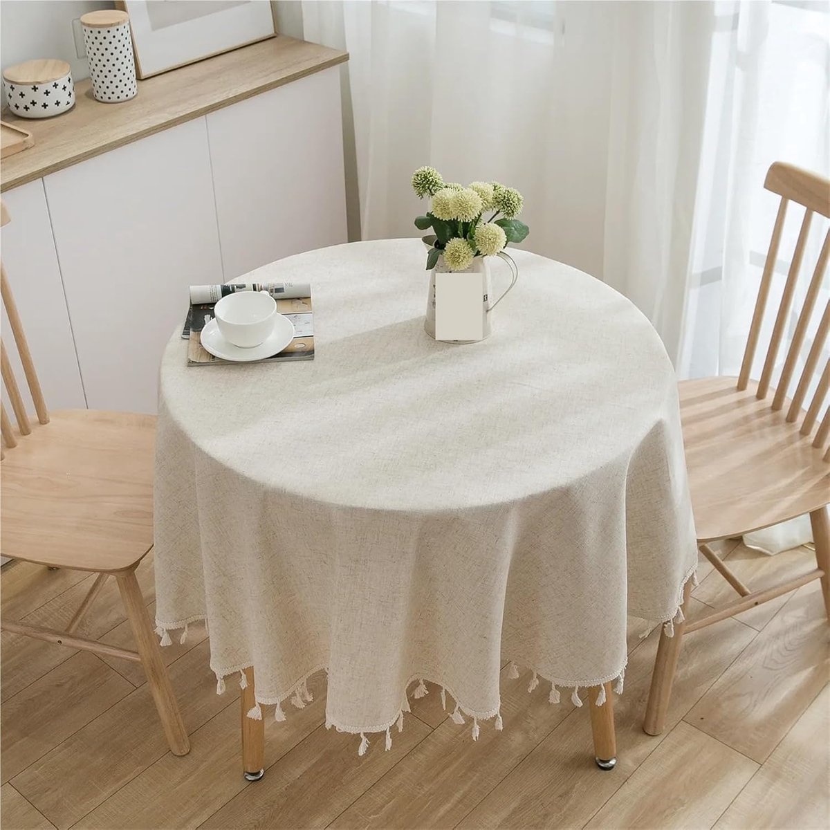 Rond Tafelkleed - Linnen Katoen - Feest Decoratie - Met Kwastjes - 120 cm - Beige