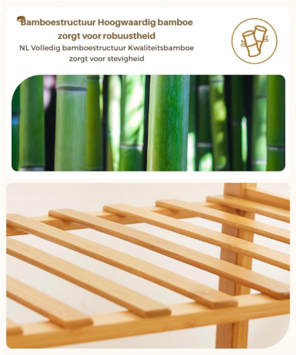 Bamboe Kledingrek Met Zijhaak Kapstok Houten Design Met Haken Opbergplanken Met Wielen Vrijstaand Garderoberek Met Kledingstang Schoenenrek Bamboe – foto 4