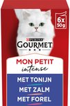 Verpakking Purina Gourmet Mon Petit Intense kattenvoer met witte kat, met tonijn, zalm of forel.