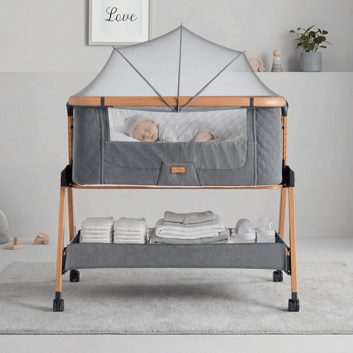 Love For Sleep Co-Sleeper & Beistellbett – Wieg 2-in-1 – Verstelbaar in 7 Hoogtes – Inclusief Matras, Muskietennet & Reistas – Grijs