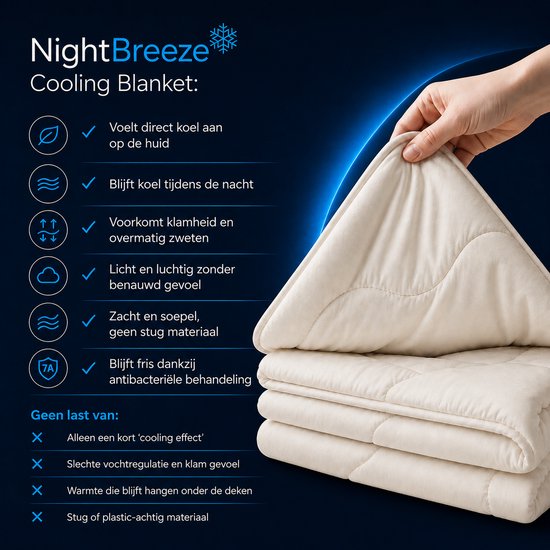 Een hand toont een opgevouwen, off-white gewatteerde deken. Text met "NightBreeze Cooling Blanket: Voelt direct koel aan", "Blijft koel", "Voorkomt klamheid", "Licht en luchtig", "Zacht en soepel" en "Blijft fris".