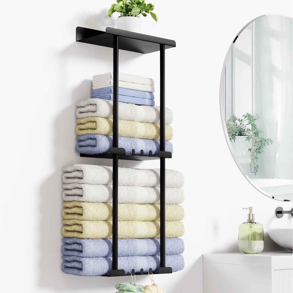 Handdoekrek Zonder Boren - Handdoekrek Badkamer met 6 Haken - Badkamer Rek 3-Laags - Wandrek Badkamer Zelfklevend - Roestbestendig Handdoekhouder voor Badkamer en Keuken - Wit - 80x15,5x30 cm