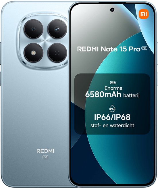 Smartphone bleu avec quatre caméras arrière. L'avant affiche "REDRMI Note 15 Pro 5G", batterie 6580mAh et étanchéité IP68.