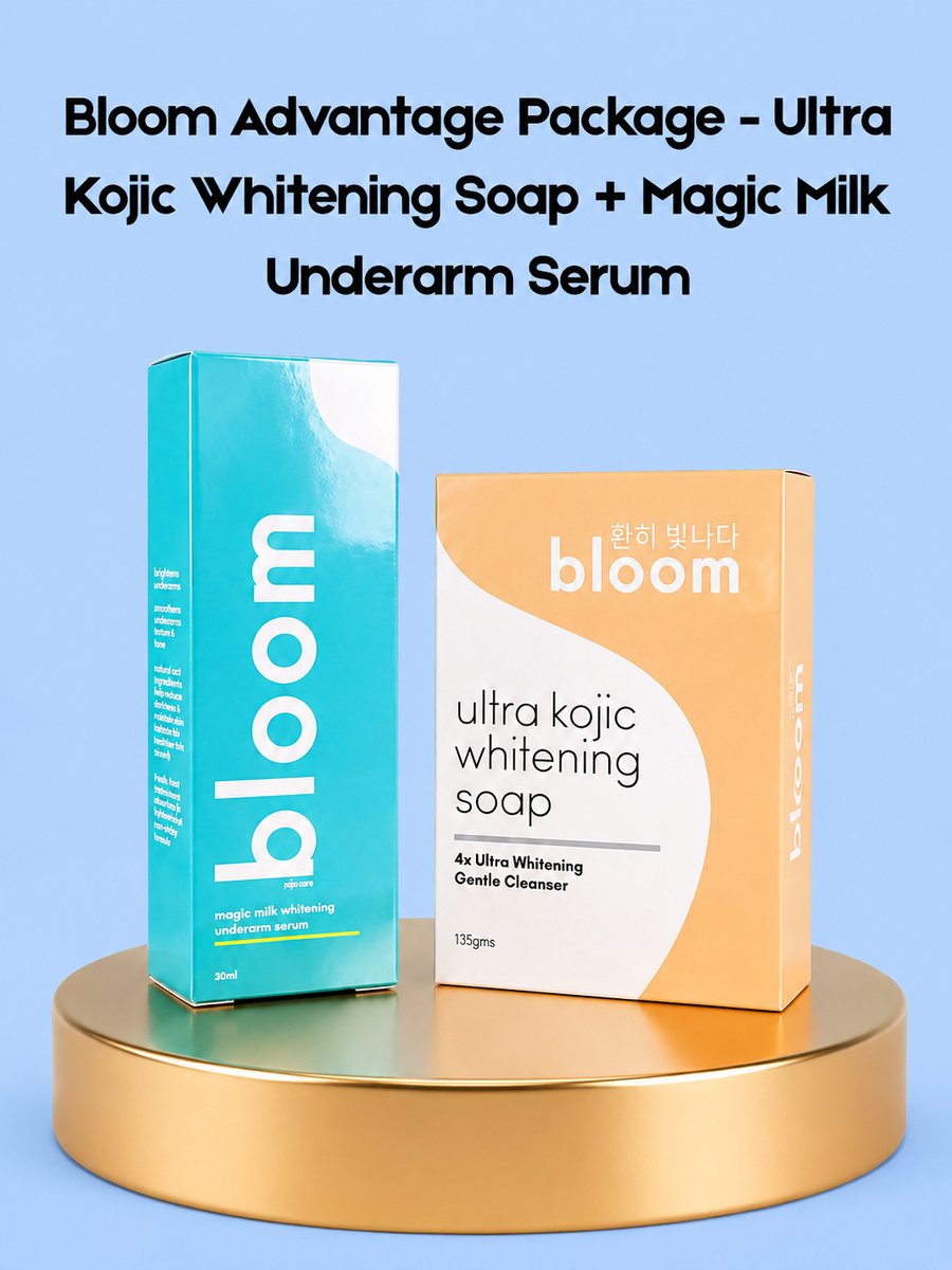 Bloom Advantage Package – Ultra Kojic Whitening Soap + Magic Milk Underarm Serum – Verhelderende & Verzorgende Huidverzorging – Helpt Donkere Vlekken te Verminderen, Egaliseert de Huidtint & Hydrateert – Voor een Stralende, Zachte & Gezonde Huid