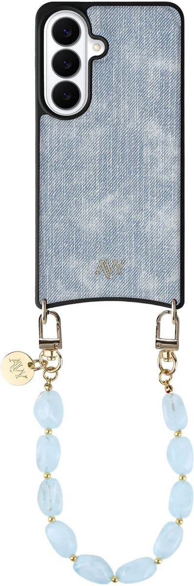 AVY Hoesje Geschikt voor Samsung Galaxy S26 | Compatibel met MagSafe | Kunstleren Case met Telefoonkoord | Polsband | Denim | Rocher Blue