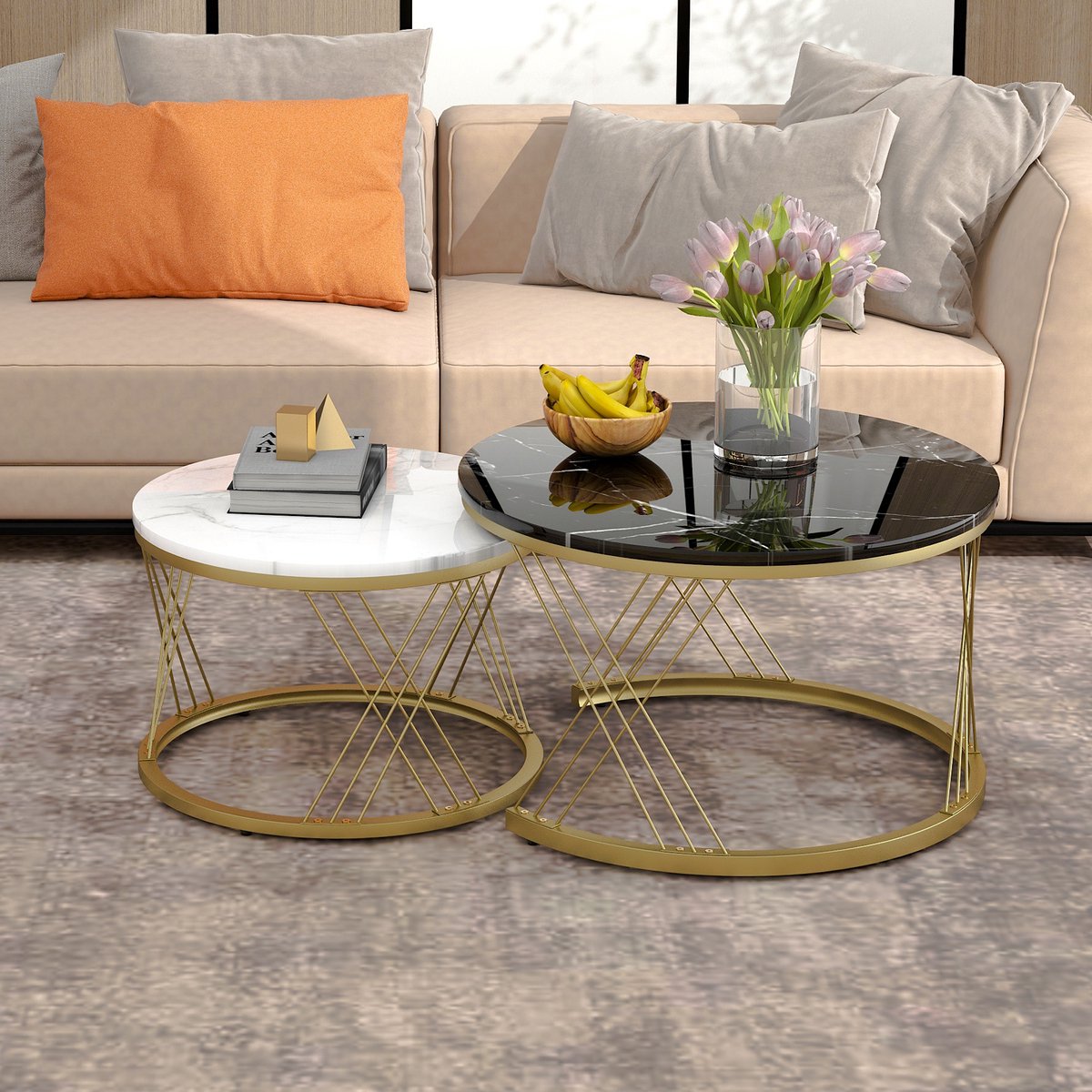 Welltin Tweedelige salontafelset - Marmerlook MDF Blad - Sofa tafel - bijzettafel - metalen frame - verstelbare poten - Wit+zwart