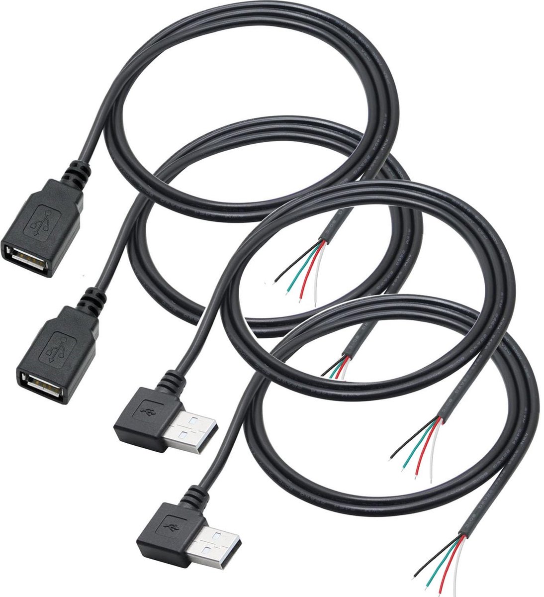 4pcs USB Pigtail 4 Wires 90 Graden USB-A Kabel 100cm - DIY Stroomkabel