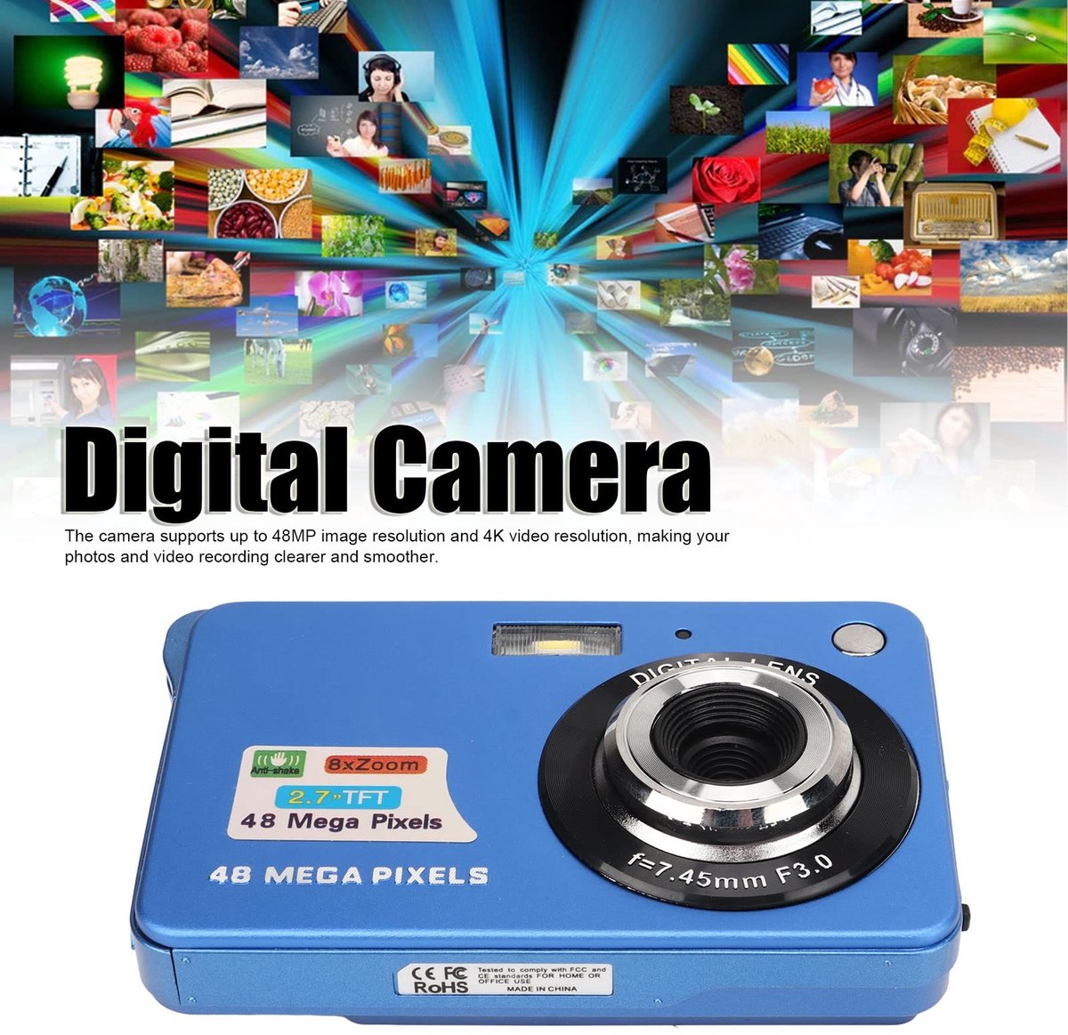 By shayne - Digitale Camera - 4K Vlogcamera - 8x Zoom en Anti-shake - Blauw - 48MP Fotografie - Geschikt voor Volwassenen en Beginners - Compacte Zak.