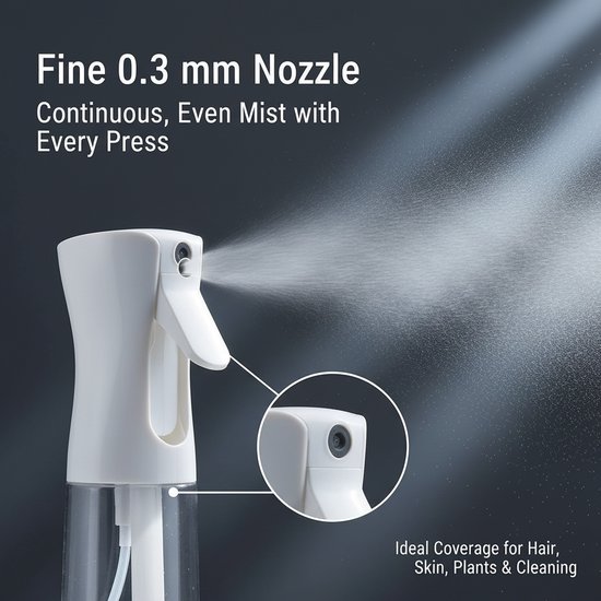 Witte spuitfles met fijne 0.3 mm sproeikop die continue, gelijkmatige mist produceert.