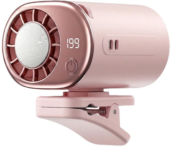 Mini klemventilator met LED-display, 199 snelheden, 360° draaibaar, USB, koelelement, voor auto en bureau (roze)