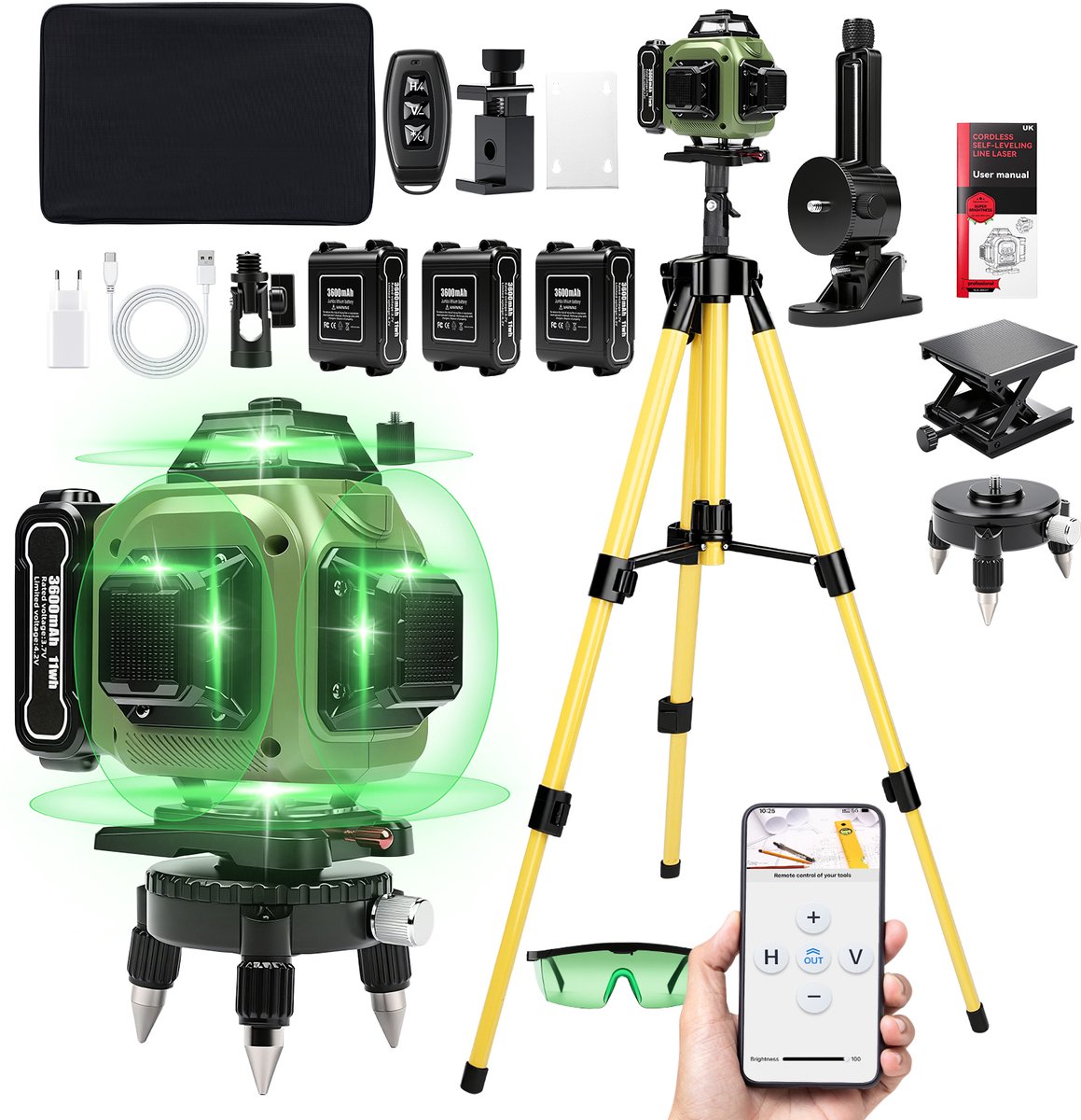 4D Kruislijnlaser met Draagkoffer Statief - 30 Meter Meetbereik - Zelfnivellerend Bouwlaser met 16 Lijnen - laserwaterpas met 3 batterijen - 360 Graden Rotatie Zelfnivellerende Laser - Zelf Nivellerend Kruislijn Laser - Bouw Kruislaser