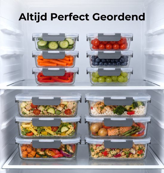 Five Stars® Boîtes de conservation en verre - 12 pièces - Boîtes de préparation de repas - Boîtes de congélation hermétiques - Avec couvercle - 1040 ml & 370 ml