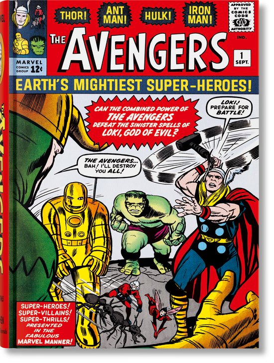 The Avengers 1 september 1965, met Thor, Iron Man, Hulk, Ant-Man, en een schurk.