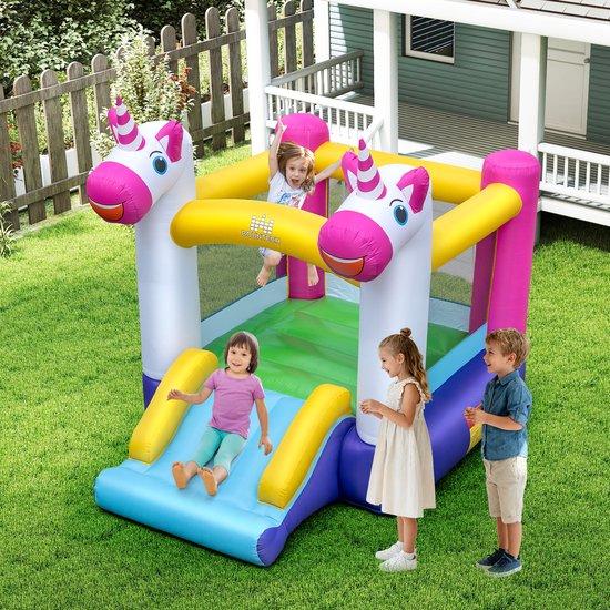 COSTWAY springkasteel met glijbaan en springgedeelte, klein springkasteel voor kinderen, geschikt voor binnen en buiten, inclusief draagtas en reparatieset, 260 x 195 x 219 cm