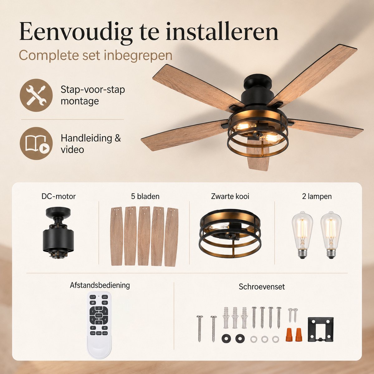 Rosnek Plafondventilator met Verlichting Ø132cm- Smart Lamp met Afstandsbediening - Plafonniere Keuken Lamp met 6 Ventilatiesnelheden - Plafond Ventilator Lamp met Timer, Landelijke Stijl voor Slaapkamer, Woonkamer & Terras thumbnail 8