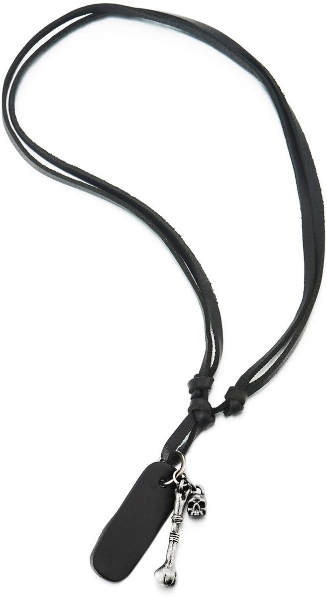 VT Goods - Schedel en botten charme - Lederen halsketting - Verstelbare band - Zwart leer - Voor heren en dames - Uniek design