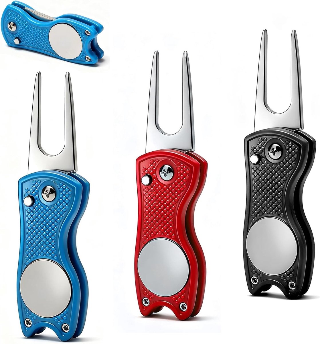 Set van 3 Golf Pitch Gabels - Duurzaam Vouwbare Pitch Gabel in Zwart, Rood en Blauw, Ideaal voor Golfreparatie, Divot Tool en Ball Marker Accessoires