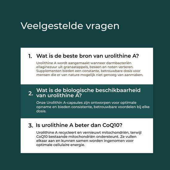 Vraag-en-antwoordsectie met tekst over de bron en biologische beschikbaarheid van urolithine A.