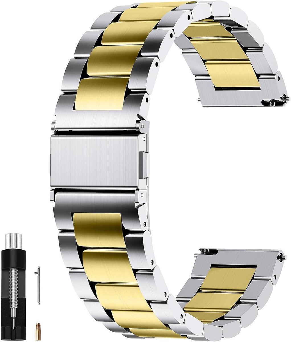 RVS Vervangarmband met Snelle Bevestiging voor Heren en Dames, 16 mm tot 24 mm, Zilver en Goud, Geschikt voor Smartwatches en Sporthorloges