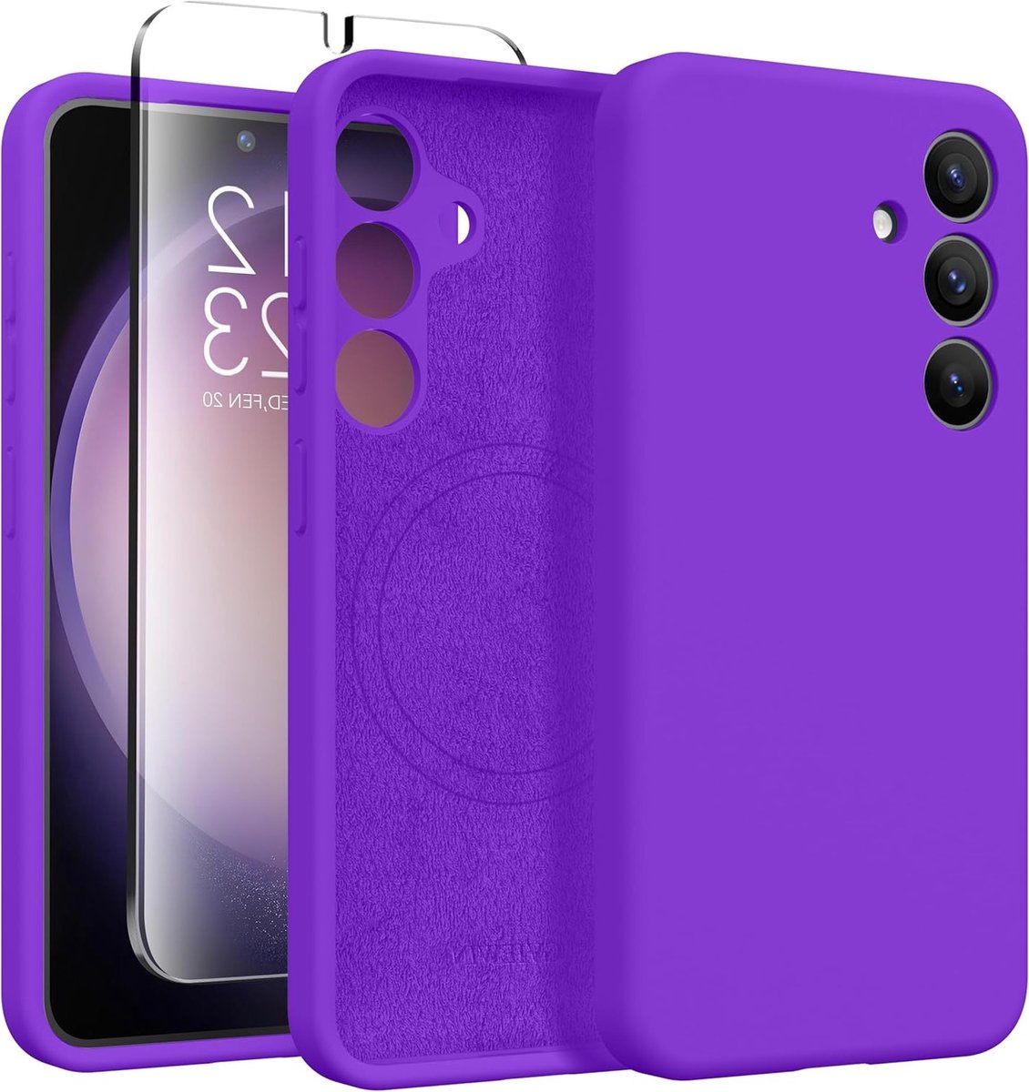 Zachte Silicone Hoes met Schermbeschermer voor Samsung Galaxy S24 Plus, Magsafe Compatibel, Volledige Bescherming met Microfiber Voering in Neon Paars