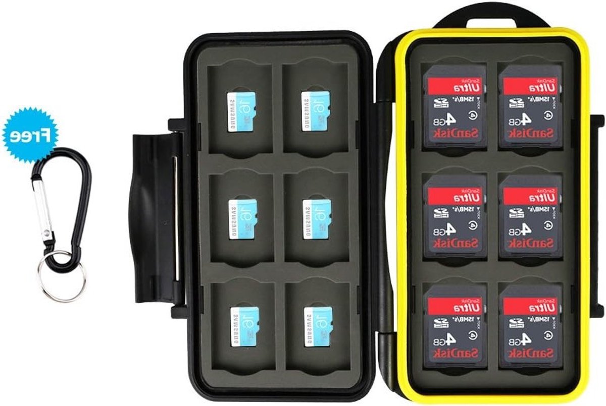 Georganiseerde geheugenkaarthouder met 24 slots voor SD en micro SD kaarten, inclusief carabiner voor eenvoudig transport