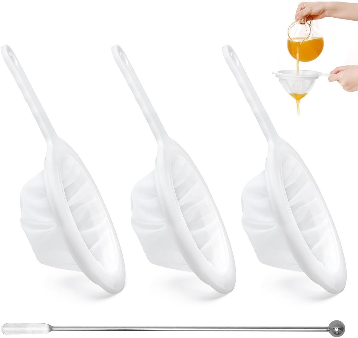 Set van 3 Fijne Zeef met Roerstaaf - 100/300/400 Mesh Nylon Zeef voor Kefir, Yoghurt en Sap Filtering