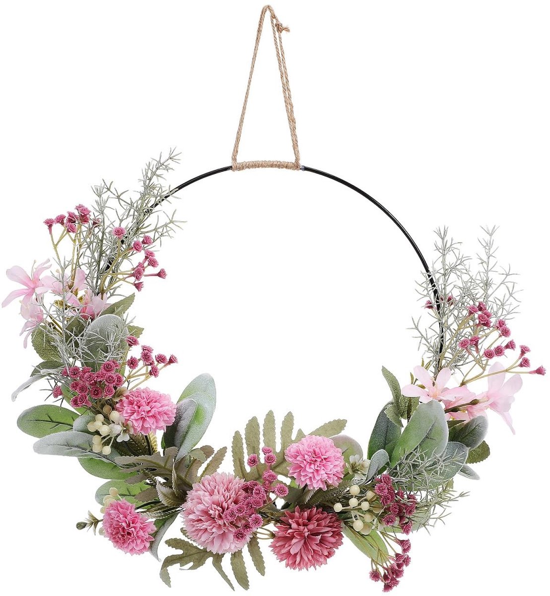 Smoakez - Deurkrans kunstbloemen - Eucalyptus krans - Lente decoratie - Roze - Wanddecoratie bloemenkrans - Geschikt voor bruiloft - 41 cm